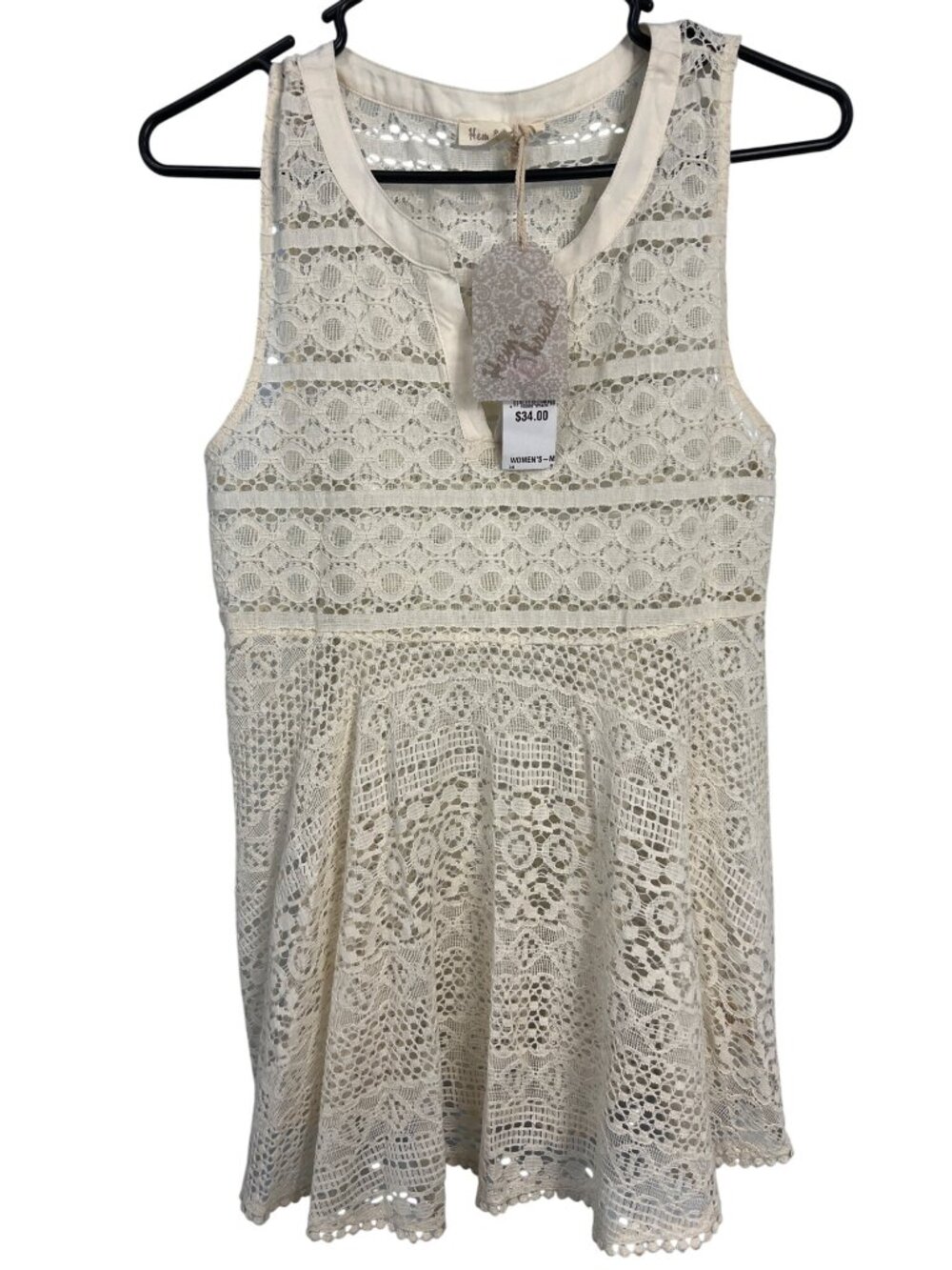 Hem & Thread Tank Top Medium Lace Sleeveless Cream Bohemian Hippie Fairycore NEW